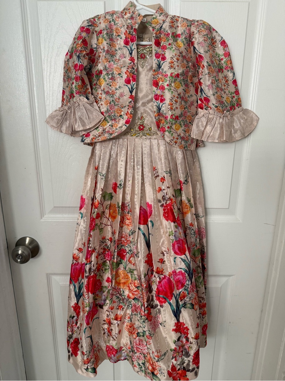 Girls Floral Metallic Pink Party Dress with Jacket